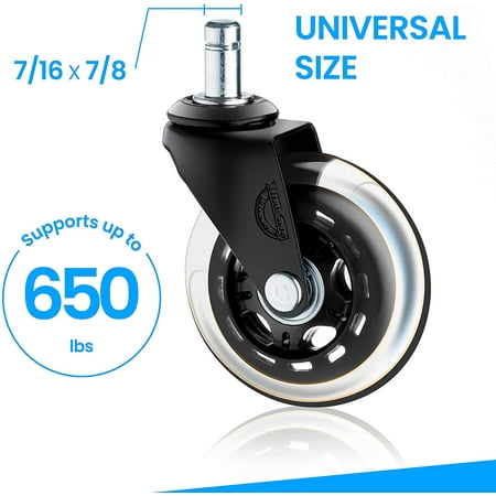 Set of 5 Office Chair Wheels Universal Stem Black 2 Rubber Chair Casters Wheel Replacement- Safe for All Floors Including Hardwood 